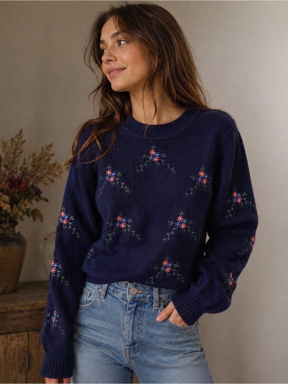 &merci Embroidered Floral Sweater Navy Blue Cottagecore Knit Pullover Size Small